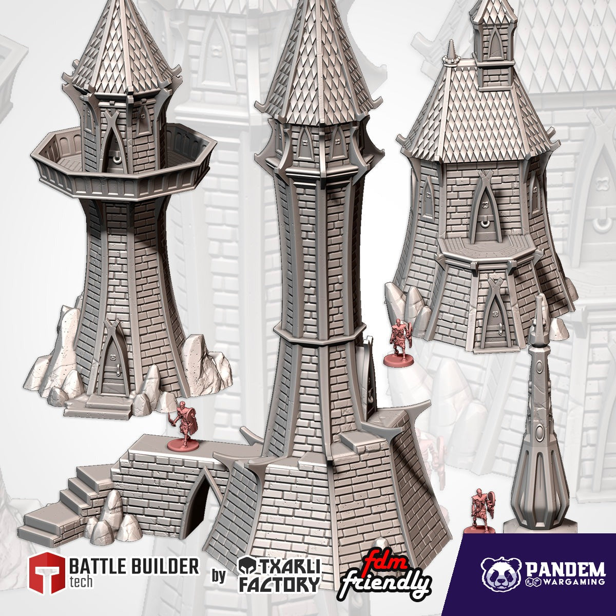 Elven Buildings - Tower 1 full Elven Buildings set of three towers and a monolith with miniatures for scale