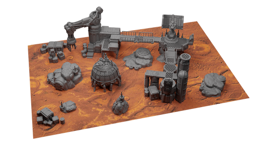 Battlezone Mars - Scatter Terrain coloured render of the full terrain range on an orange Mars battlefield