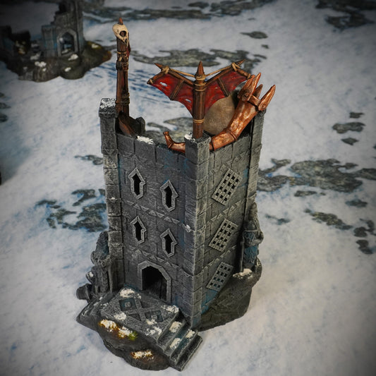 Ruins of Raven Peak - Command Tower painted photograph of the tower from the front with arrow-slit windows and door