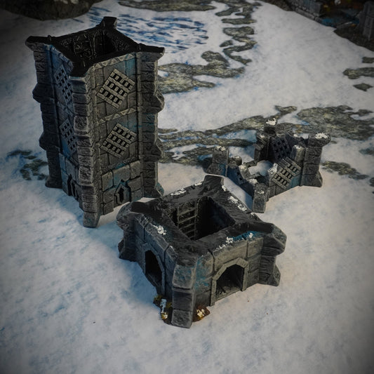 Ruins of Raven Peak - Watch Tower painted photograph of the tower in stackable sections with its interior revealed