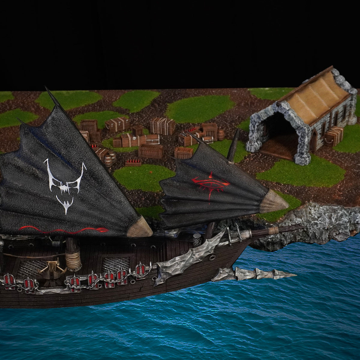Corsair Coast - Corsair Ship painted photograph of the full Corsair Coast harbour scene with ship, cargo and boathouse