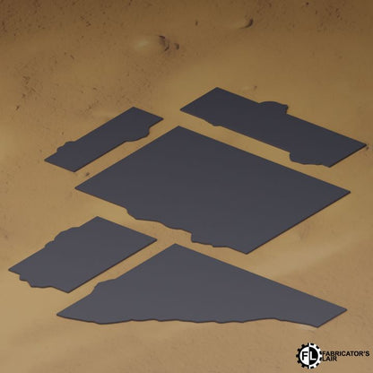 Foldable Terrain 11th Ed - Greenskin - Full Set flat matte black terrain footprint templates on sandy ground