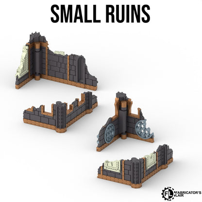 Foldable Terrain 11th Ed - Battle Sister - Small Ruins Set single-storey gothic ruined walls with arched window and rubble