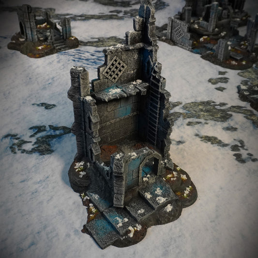 Ruins of Raven Peak - Statue Tower painted photograph of the ruined tower with a ladder and open interior