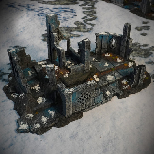 Ruins of Raven Peak - Large Ruin painted photograph of the large ruin with broken walls, columns and a raised floor