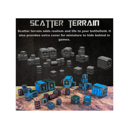 Battlezone Mars - Scatter Terrain information card showing the crates and barrels as grey renders and painted