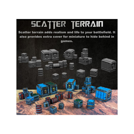 Battlezone Mars - Scatter Terrain information card showing the crates and barrels as grey renders and painted