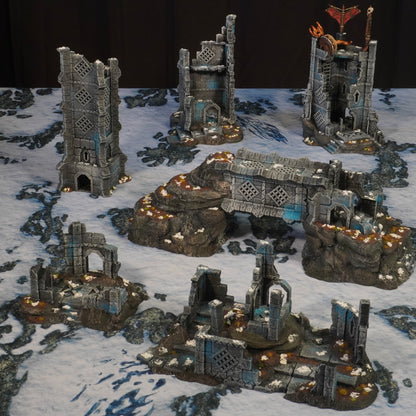 Ruins of Raven Peak - Full Set painted photograph of all six ruins together on a snow battlefield