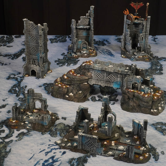 Ruins of Raven Peak - Full Set painted photograph of all six ruins together on a snow battlefield