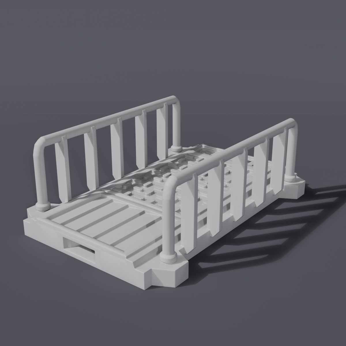 Battlezone Mars - Modular Parts - Small Walkway grey render of a short railed gantry walkway with a grated floor