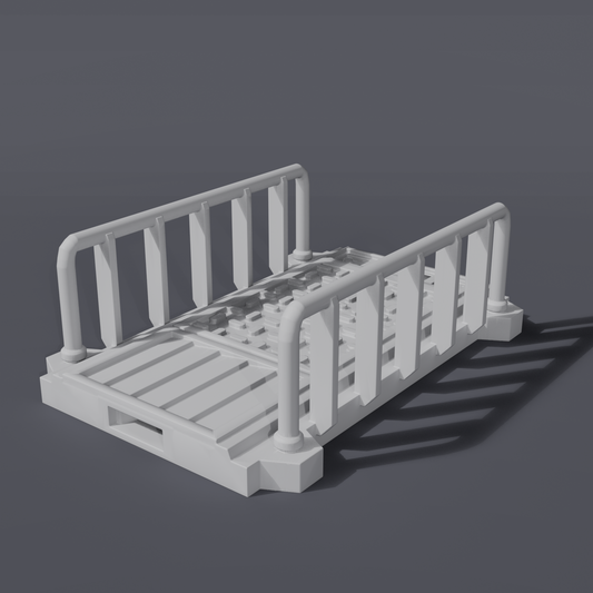 Battlezone Mars - Modular Parts - Small Walkway grey render of a short railed gantry walkway with a grated floor
