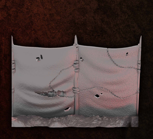The Nomad Kings - Walls - Straight grey render of a straight wall section with fabric draped between the posts