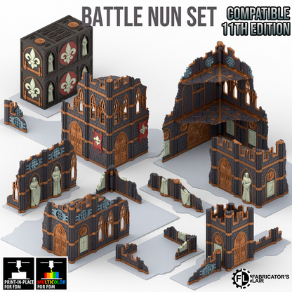 Foldable Terrain 11th Ed - Battle Sister - Small Ruins Set range banner showing the full set of buildings