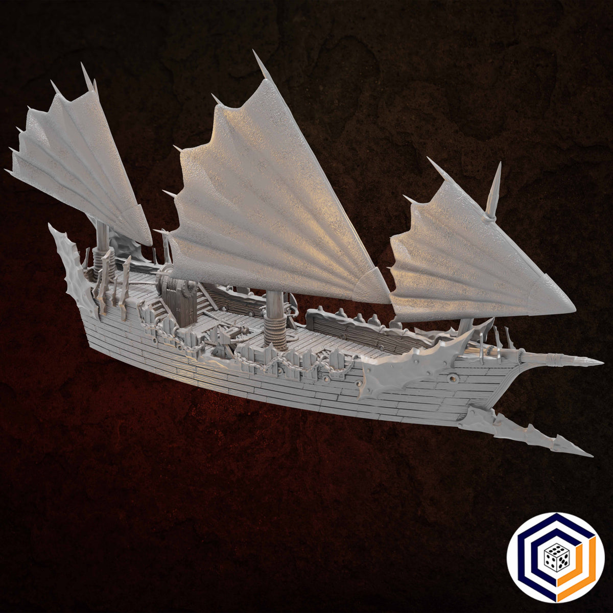 Corsair Coast - Corsair Ship grey render of the full pirate ship with three ragged bat-wing sails