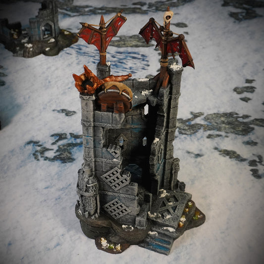 Ruins of Raven Peak - Command Tower painted photograph of the ruined tower with red banners and a skull standard