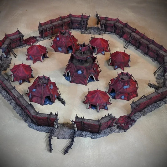 The Nomad Kings - Full Set painted photograph of the whole walled encampment of tents on a sand mat