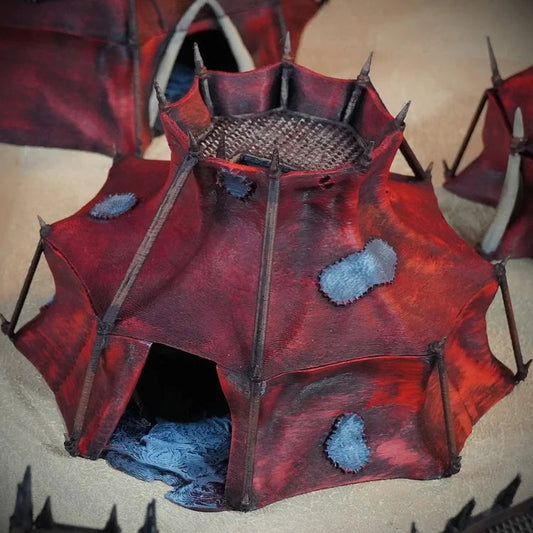 The Nomad Kings - Chieftains Hut painted photograph of the red tent hut with spikes and a mesh top vent