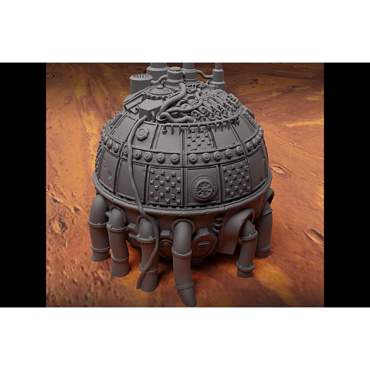 Battlezone Mars - Nova Vault grey render of the domed riveted vault with a top vent, pipe cluster and pipe-leg base