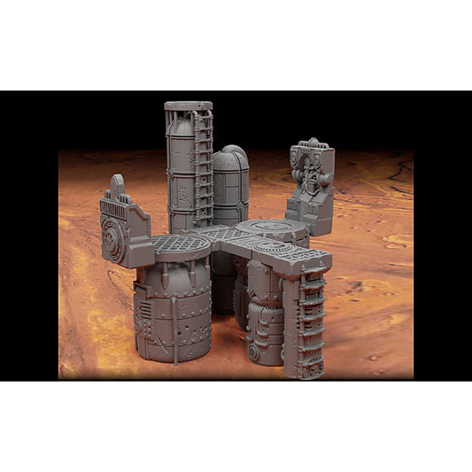 Battlezone Mars - Vapor Forge Towers grey render of forge tanks and a chimney tower linked by walkway platforms