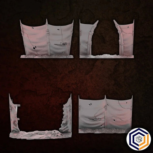 The Nomad Kings - Walls - Gate grey render of a four-panel grid of broken wall variants