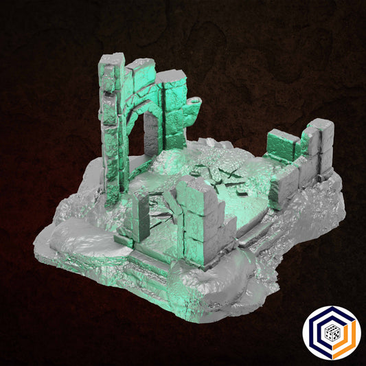 Ruins of Raven Peak - Small Ruin grey render of the small ruin with its archway and star-motif floor