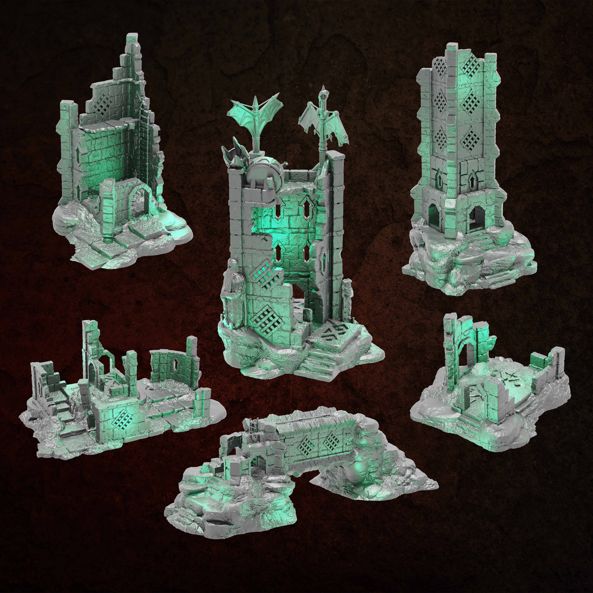 Ruins of Raven Peak - Full Set grey render overview of all six ruins in the set