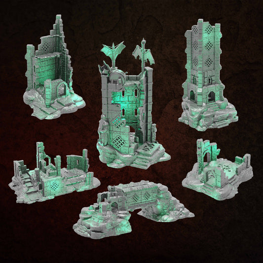 Ruins of Raven Peak - Full Set grey render overview of all six ruins in the set