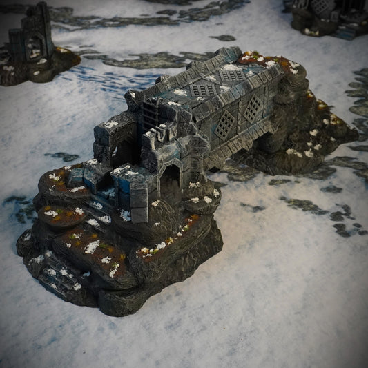 Ruins of Raven Peak - Fallen Tower painted photograph of the toppled tower on its rocky base from another angle