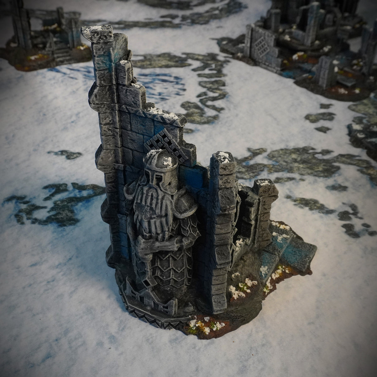 Ruins of Raven Peak - Statue Tower painted photograph of the armoured warrior statue set in the tower wall