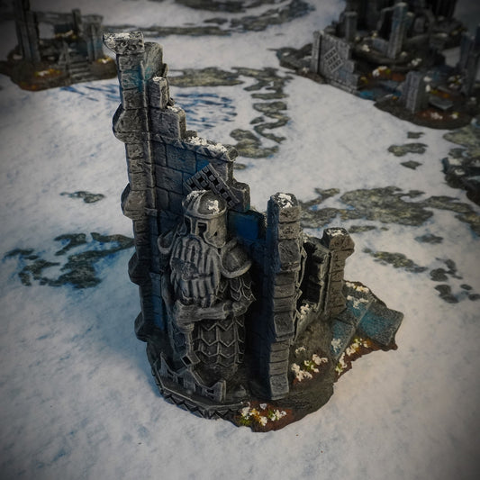 Ruins of Raven Peak - Statue Tower painted photograph of the armoured warrior statue set in the tower wall