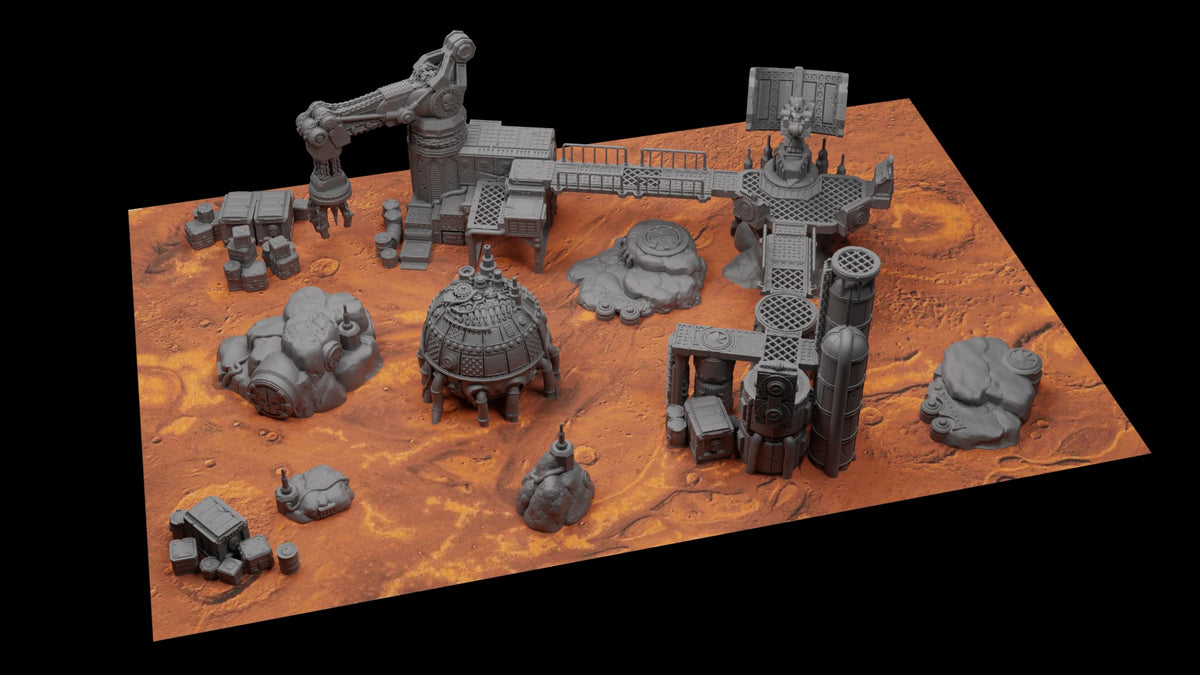 Battlezone Mars - Floor Tiles - Split Mars Industrial coloured render of a sci-fi battlefield on dark Martian tiles