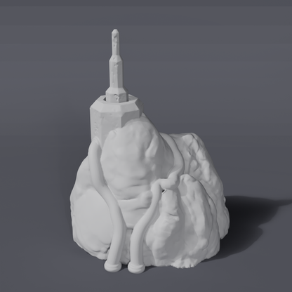 Battlezone Mars - Boulders of Mars grey render of a tall boulder topped by an antenna spire with draping pipes