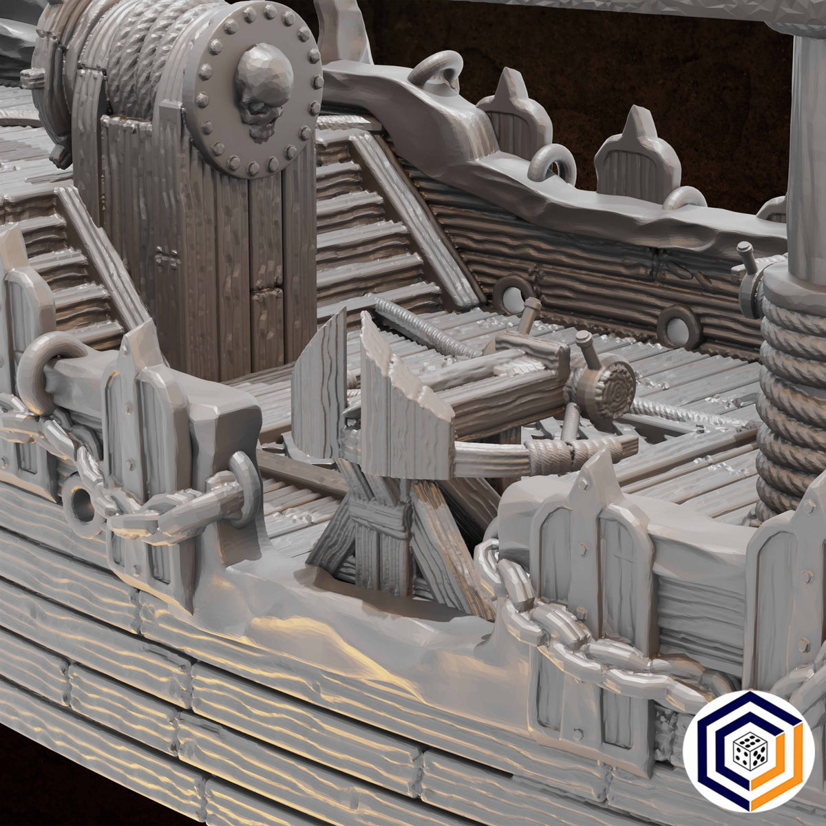 Corsair Coast - Corsair Ship grey render of the deck detail with a skull capstan, mounted ballista and rope