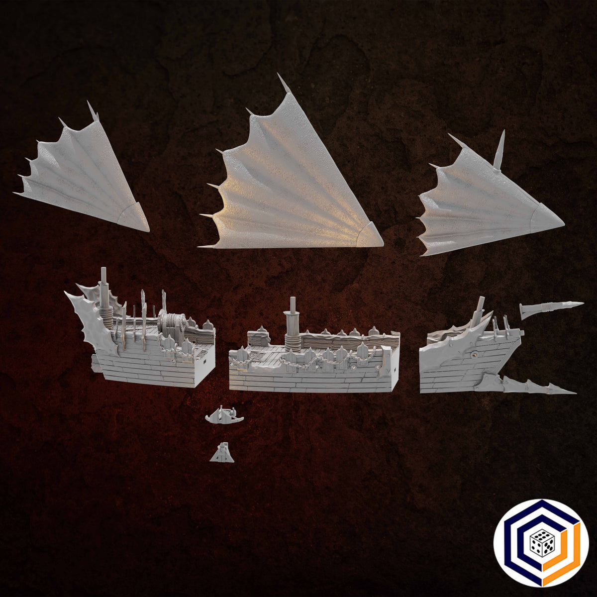 Corsair Coast - Corsair Ship grey render of the ship's separate pieces including sails, hull sections and a dinghy