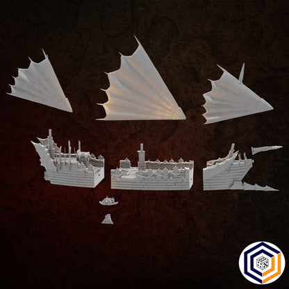 Corsair Coast - Corsair Ship grey render of the ship's separate pieces including sails, hull sections and a dinghy