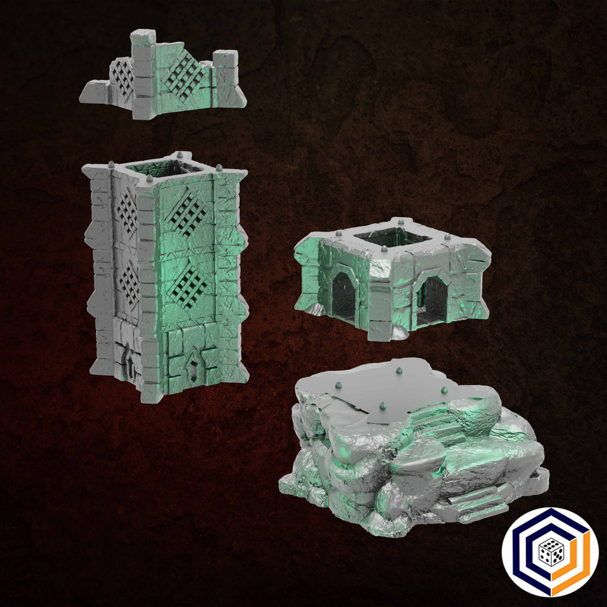 Ruins of Raven Peak - Watch Tower grey render of the tower exploded into its four stacked parts