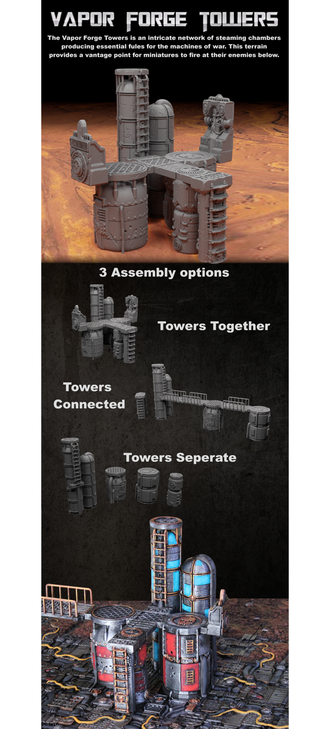 Battlezone Mars - Vapor Forge Towers information card with render, assembly diagram and painted views of the towers