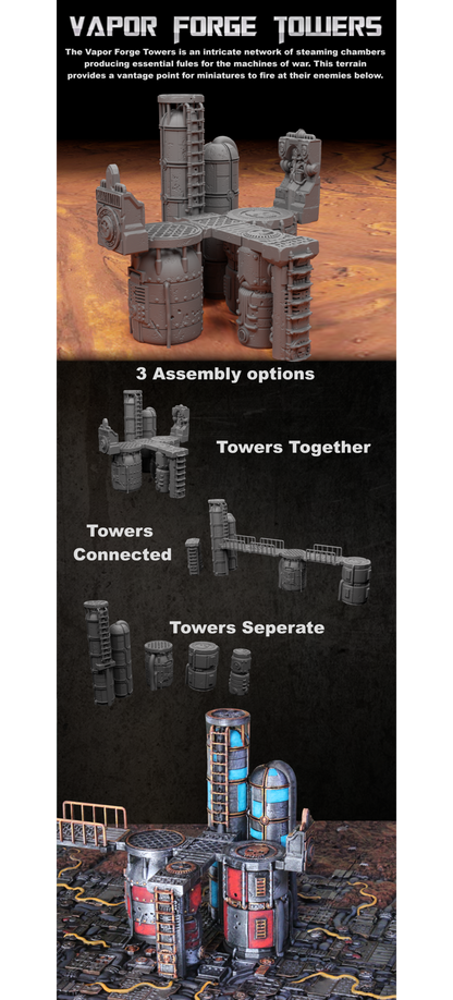 Battlezone Mars - Vapor Forge Towers information card with render, assembly diagram and painted views of the towers