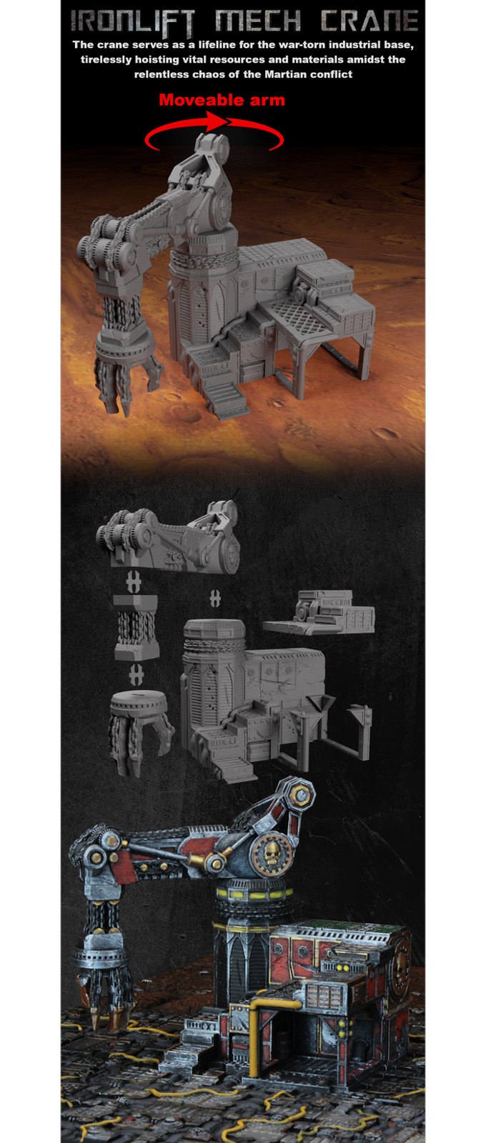 Battlezone Mars - Ironlift Mech Crane information card noting the moveable arm with render, parts and painted views