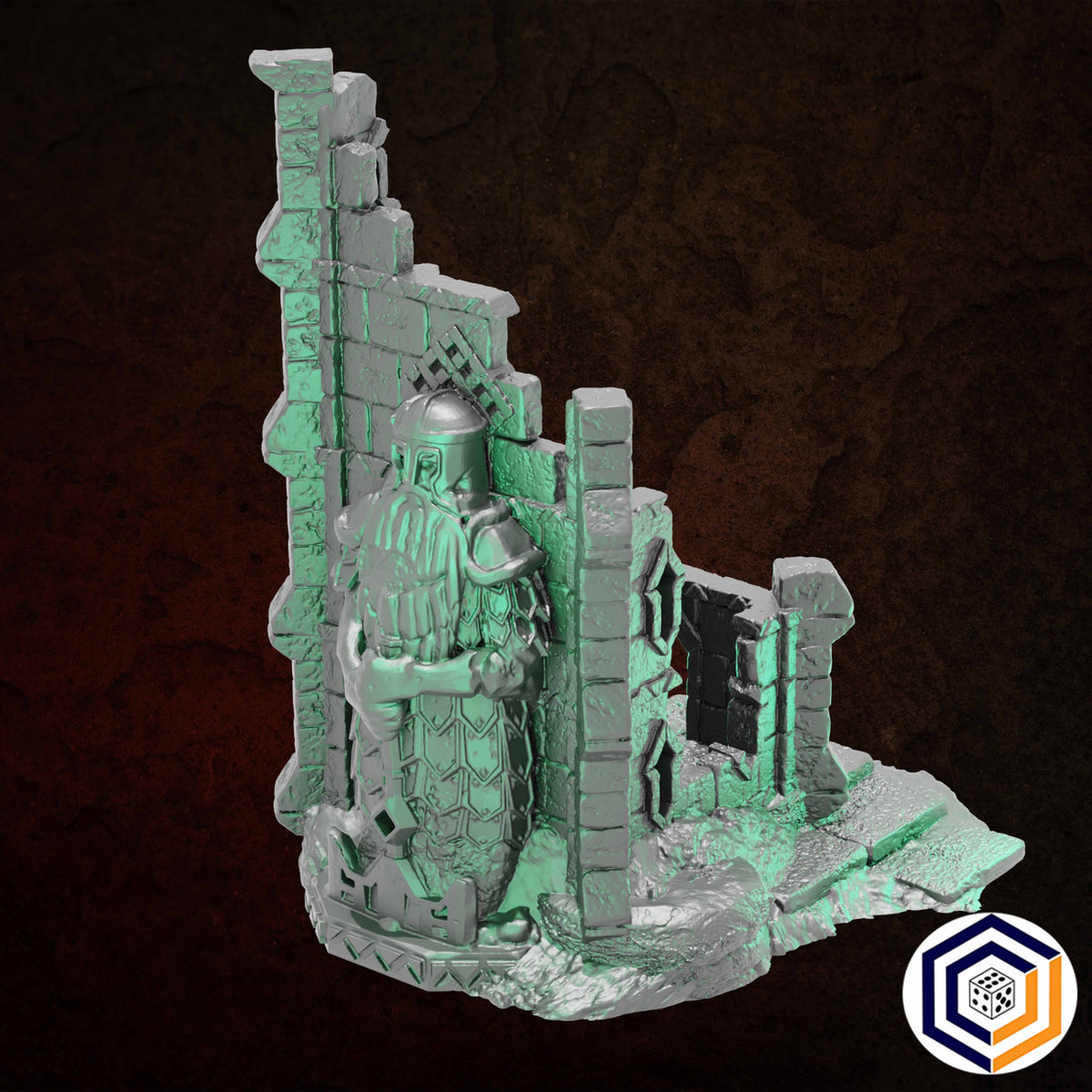 Ruins of Raven Peak - Statue Tower grey render showing the warrior statue set in the tower wall