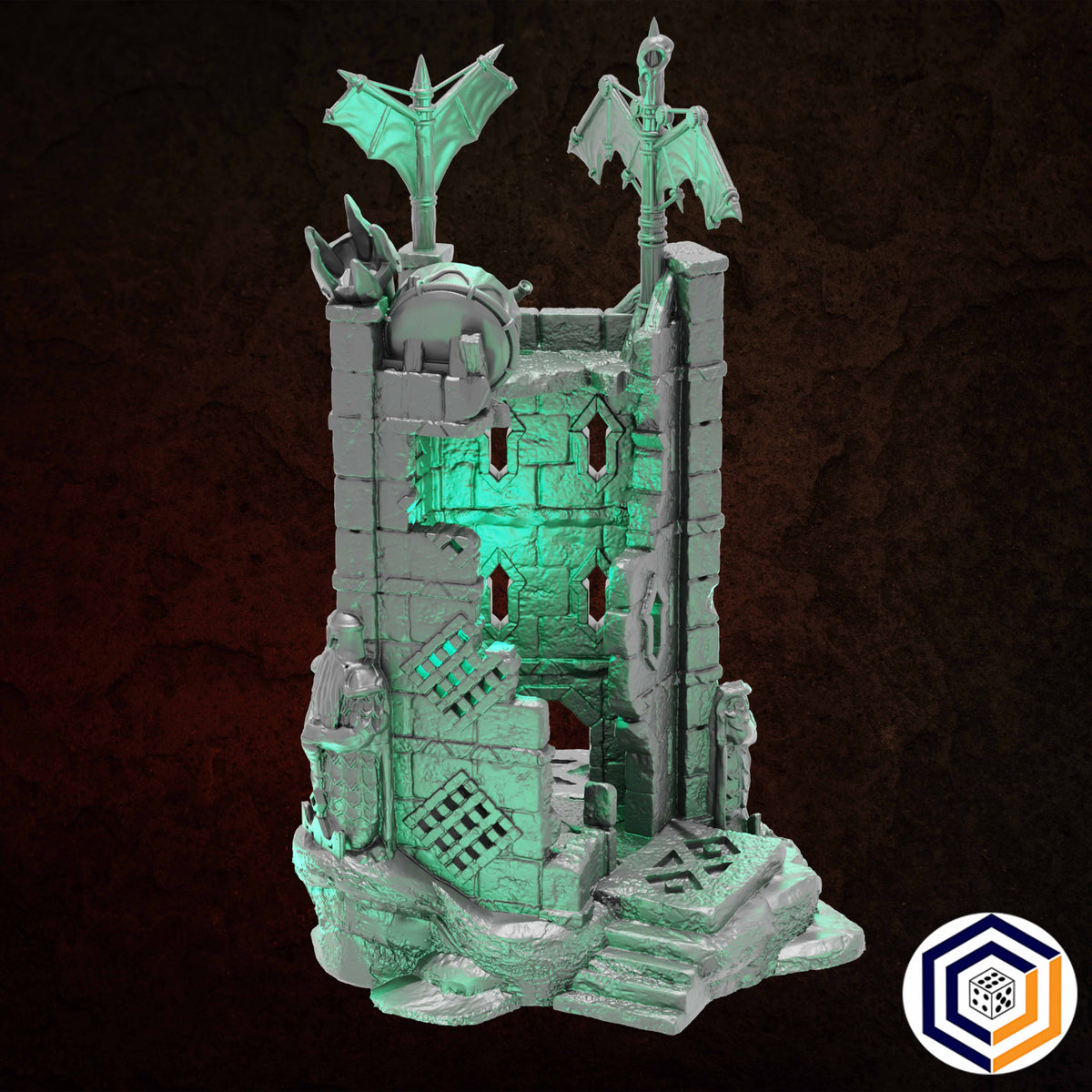 Ruins of Raven Peak - Command Tower grey render of the tower with a knight miniature at its base for scale