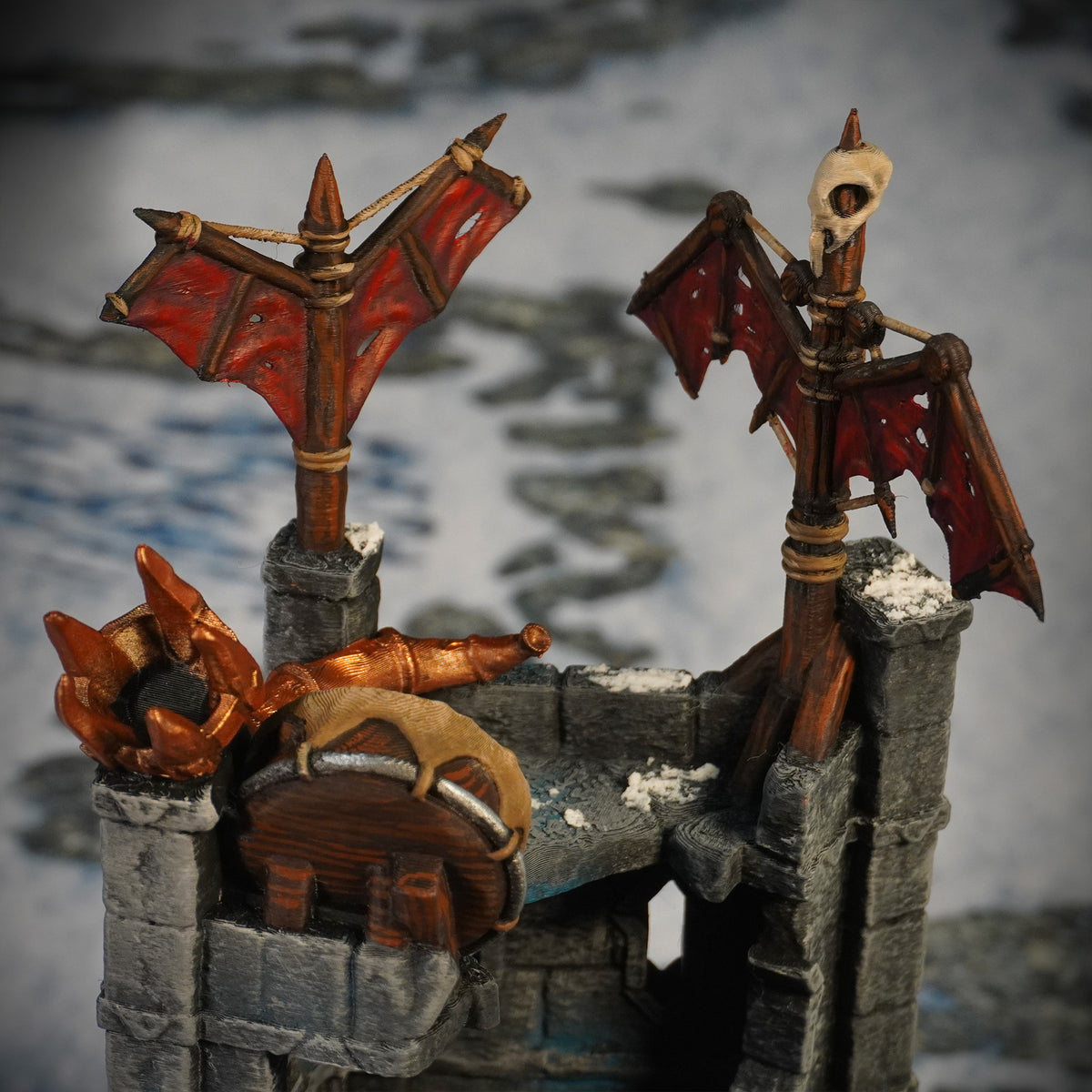 Ruins of Raven Peak - Full Set painted photograph of the Command Tower top with banners and skull standard