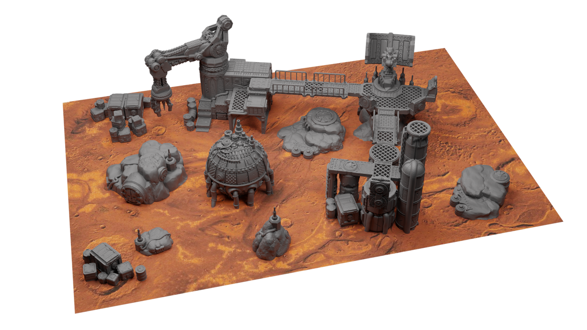Battlezone Mars - Vapor Forge Towers coloured render of the full terrain range on an orange Mars battlefield