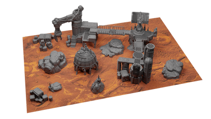 Battlezone Mars - Vapor Forge Towers coloured render of the full terrain range on an orange Mars battlefield