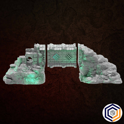 Ruins of Raven Peak - Fallen Tower grey render of its separate pieces, two rocky ends and a central span