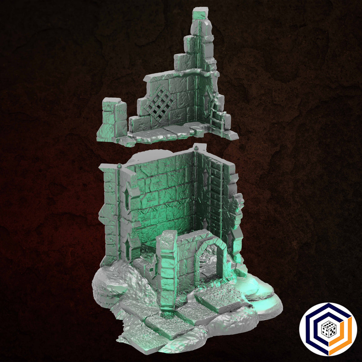 Ruins of Raven Peak - Statue Tower grey render of the tower with its upper section lifted off the base