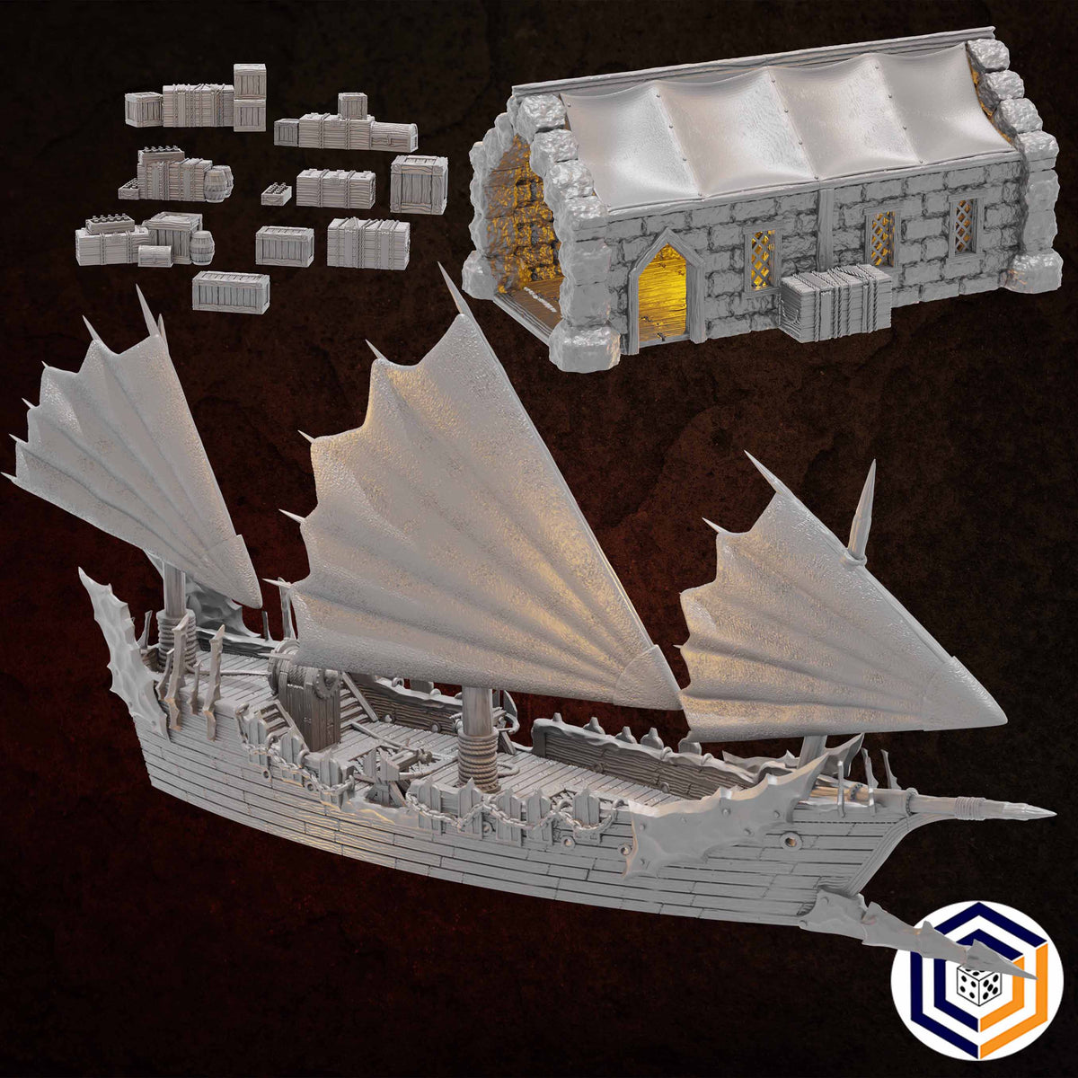Corsair Coast - Corsair Ship grey render overview of the full Corsair Coast set of ship, boathouse and cargo