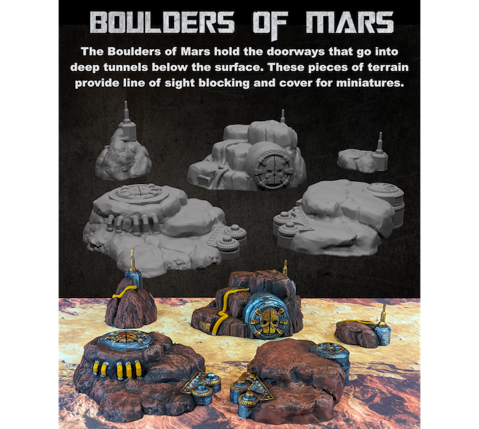 Battlezone Mars - Boulders of Mars information card showing the boulders as grey renders and painted for the table