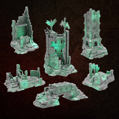 Ruins of Raven Peak - Watch Tower grey render overview of the full Raven Peak set of ruins