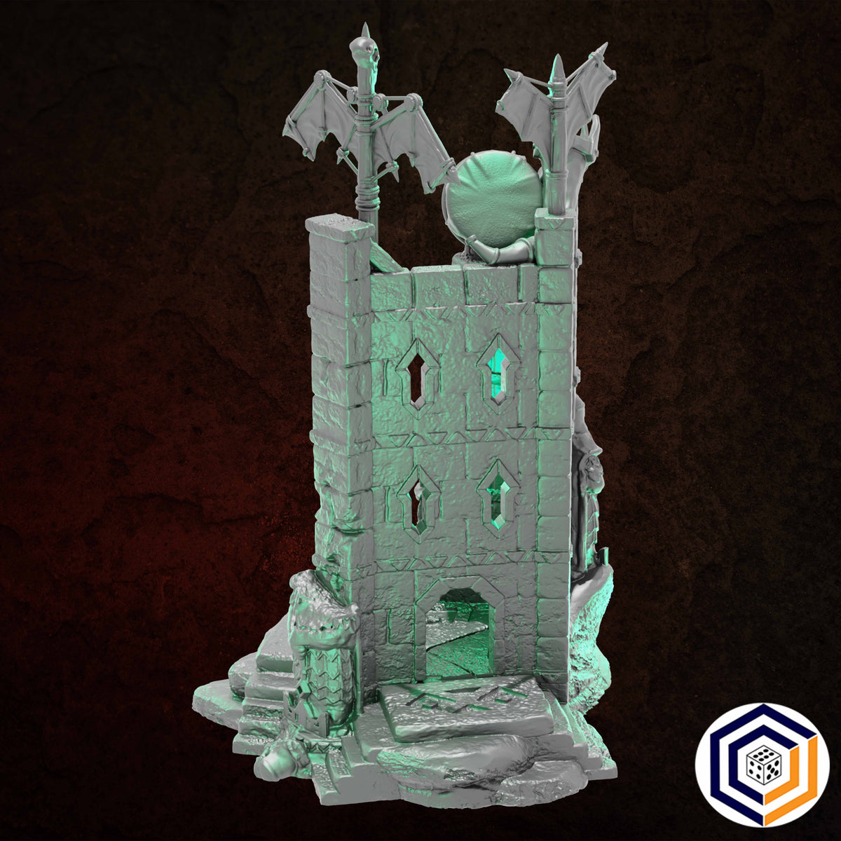 Ruins of Raven Peak - Full Set grey render of the Command Tower from the front with two banners and a shield
